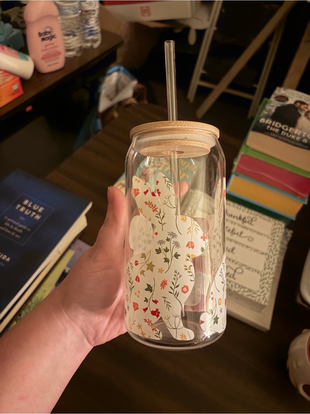SHEIN Floral Bunny Glass Tumbler with Straw and Wood Lid